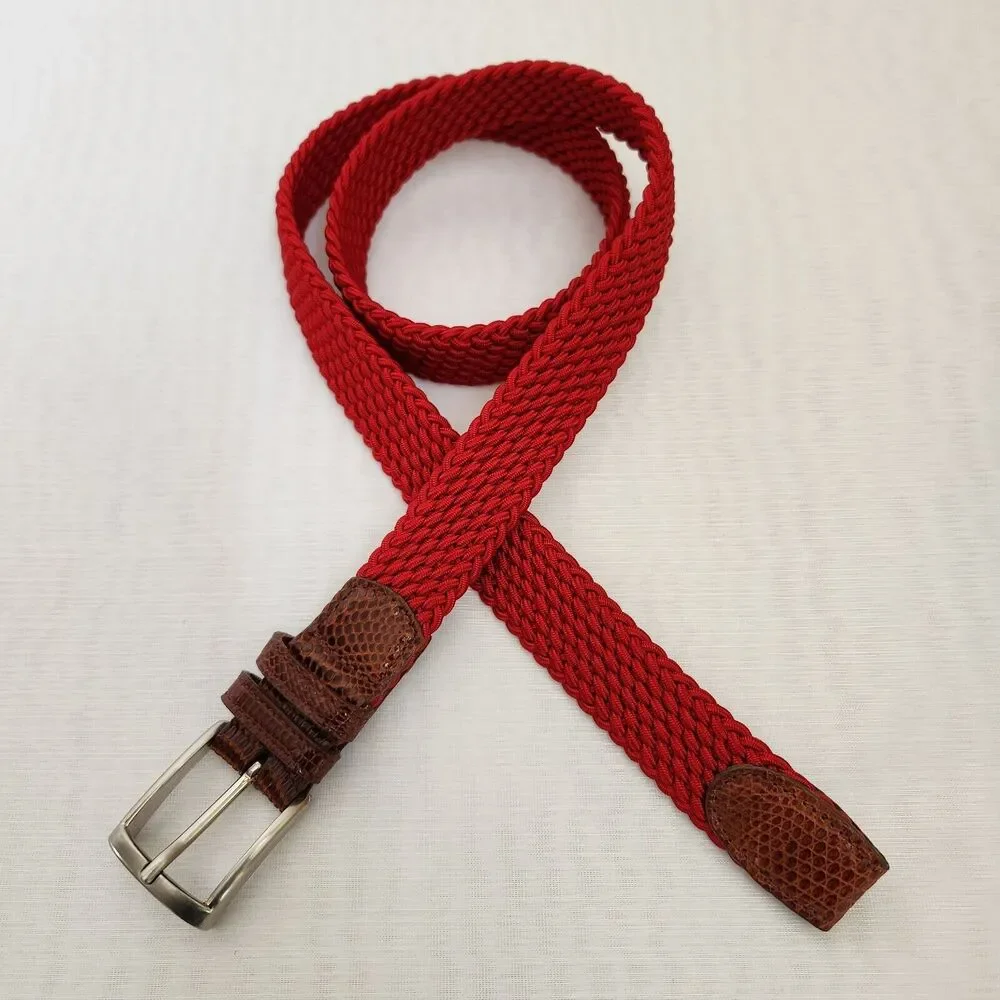 Belt Mens 36 Red Braided Stretch Leather Snake Tab Solid Silver Brass Buckle